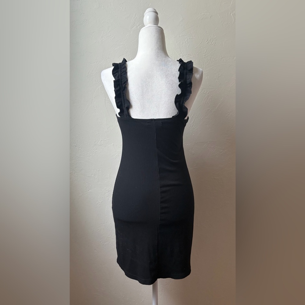 Wild Honey Black Ribbed Square Neck Ruffle Strap Mini Dress S - Picture 7 of 10